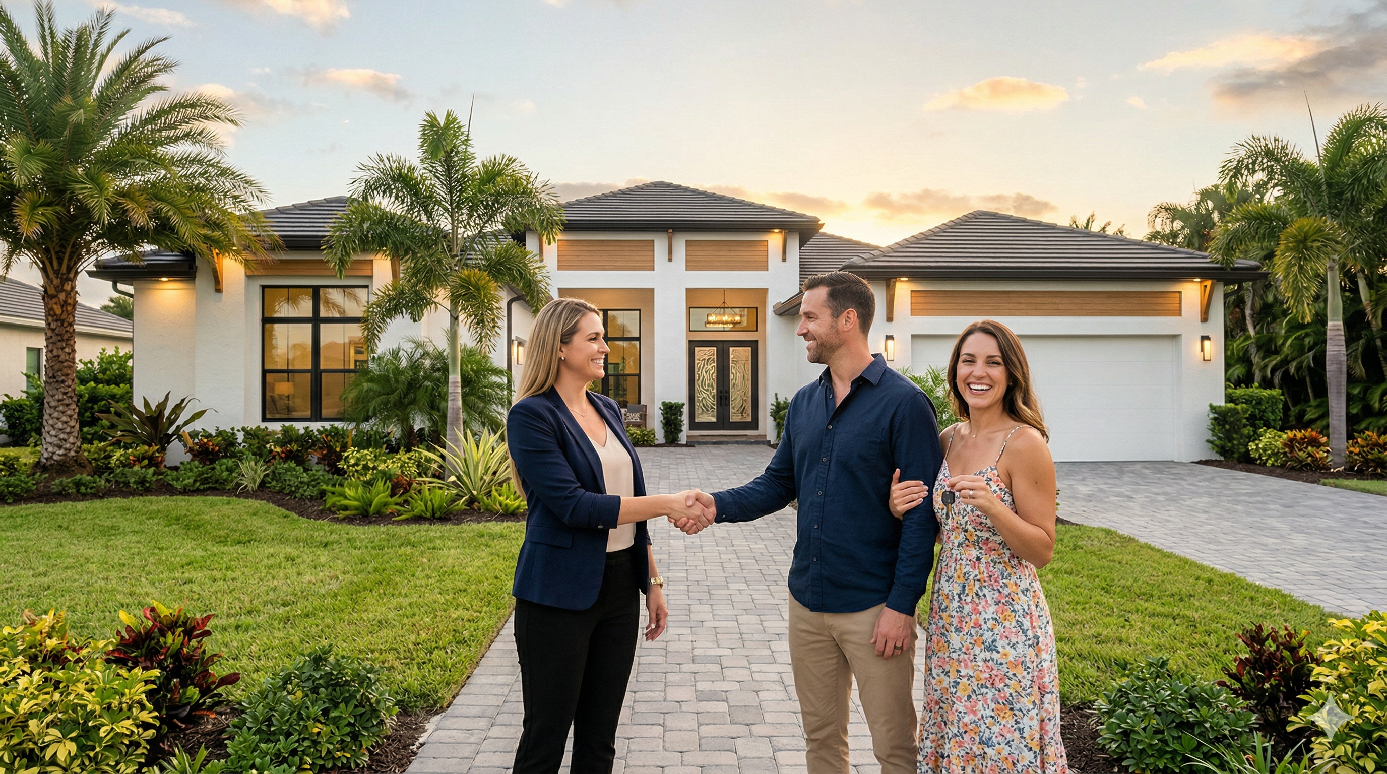 Real estate agent shaking hands with happy homeowners in front of a custom-built Florida home