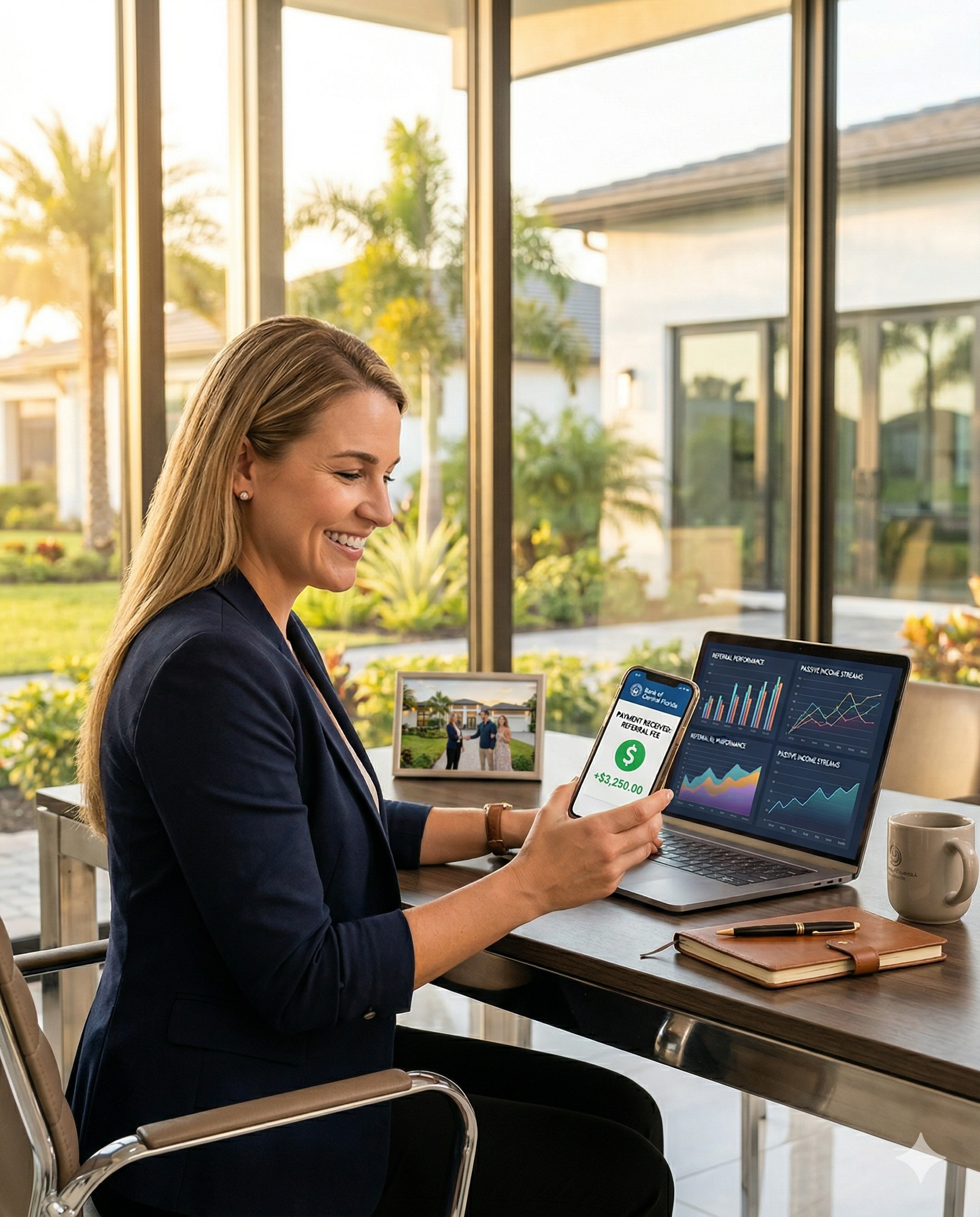 Real estate agent receiving referral payment notification on phone with financial dashboard on laptop